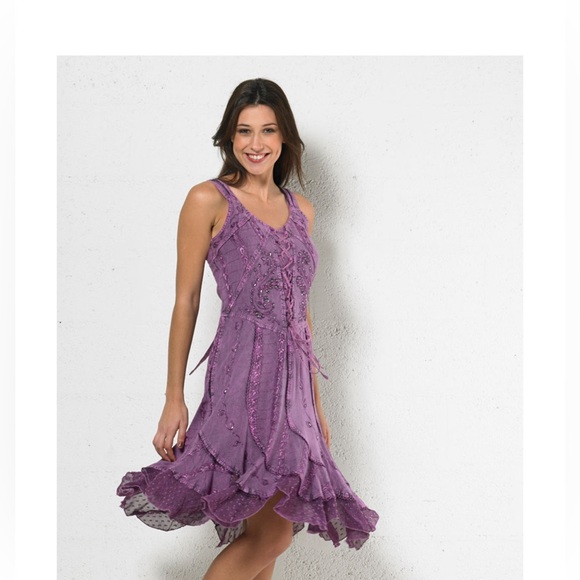 Coline S Viscose embroidered bucket dress Argent Silver Blue Stone Washed Corset - Picture 2 of 10